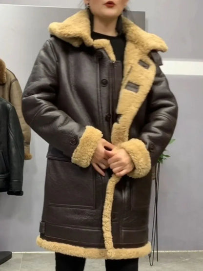 Men and Women's Winter Warm Coat Long Jacket Genuine Sheepskin Lambskin Shearling Wool Liner Hooded Brown XXXXXXXXL 5XL 6XL 7XL