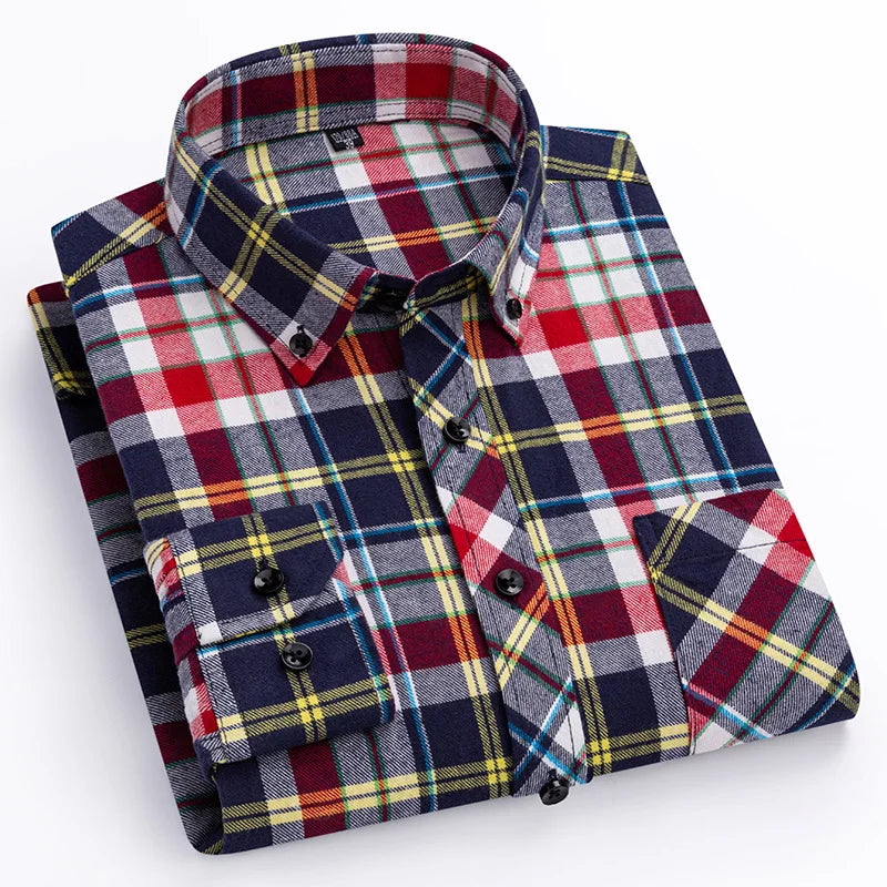 Autumn Winter Plaid Shirts Thick Flannel Shirt Standard-Fit for Men Long Sleeve Pure Cotton  Patch Pocket Design Young