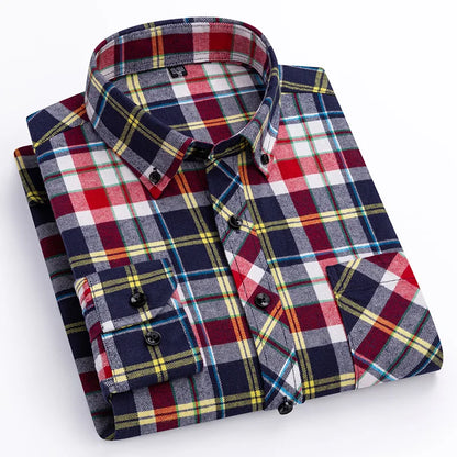 Autumn Winter Plaid Shirts Thick Flannel Shirt Standard-Fit for Men Long Sleeve Pure Cotton  Patch Pocket Design Young