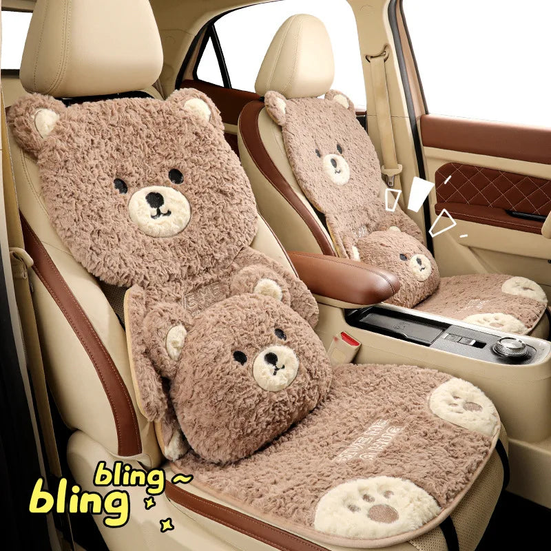 Cartoon 3D Bear Universal Car Seat Cushion Covers Plush Backrest for Autumn Winter Warm Cute Designed Seat Accessories
