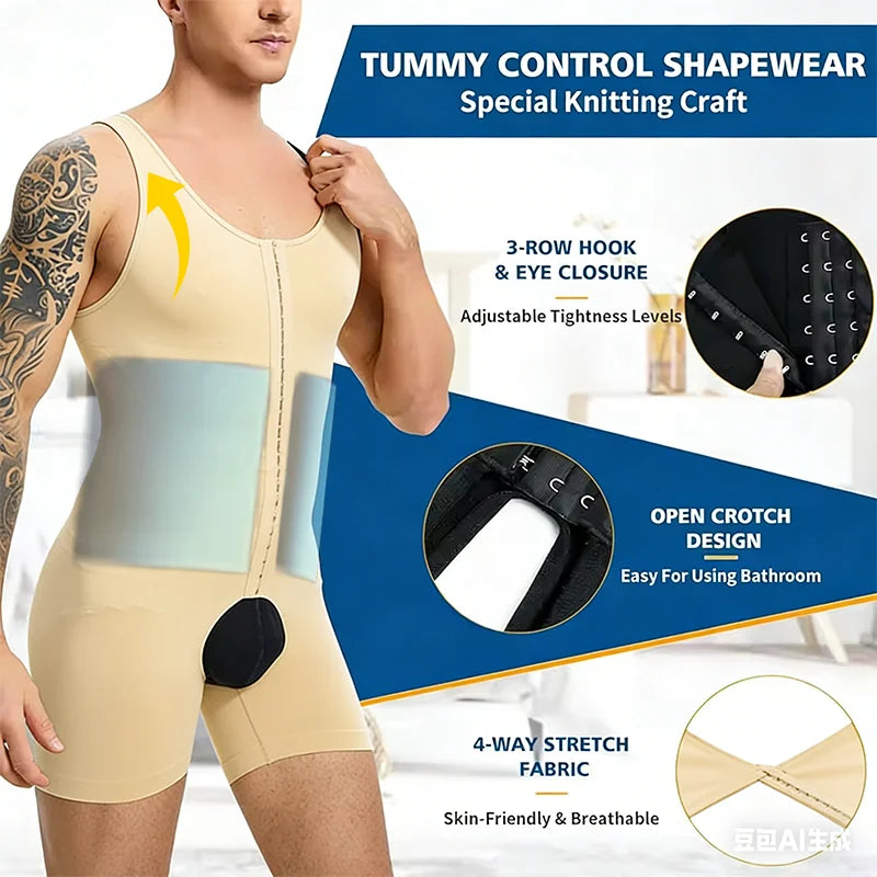 Slimbelle Mens Full Body Shaper Open Crotch Bodysuit Compression Shapewear Underwear Tummy Control Bodysuit Sleeveless Soft Vest