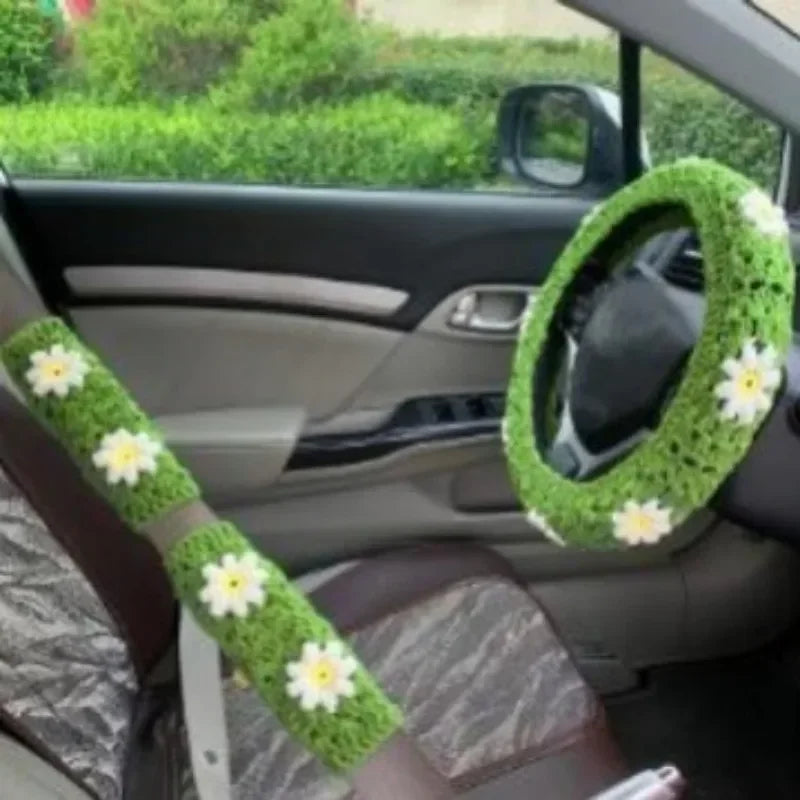 Warm Anti-Slip Hand Crocheted Flower Car Steering Wheel Cover Simple Stylish Winter Car Decor Safe Driving Seat Belt Accessory