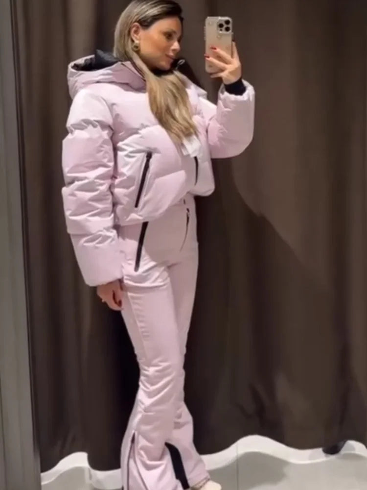 HH Women Fashion Pocket Long Sleeve Zipper Hooded Skiing Cotton-padded Drawstring Jacket+High Waist Casual Winter 2026 Pant Set