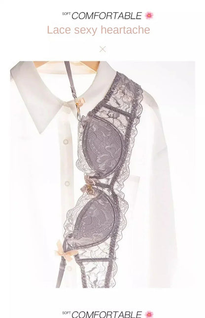 BANERDANNI French Lace Bralette Set Breathable Non-Padded Bra for Petite Sheer Floral Lingerie Wireless Comfort Anti-Gap Design