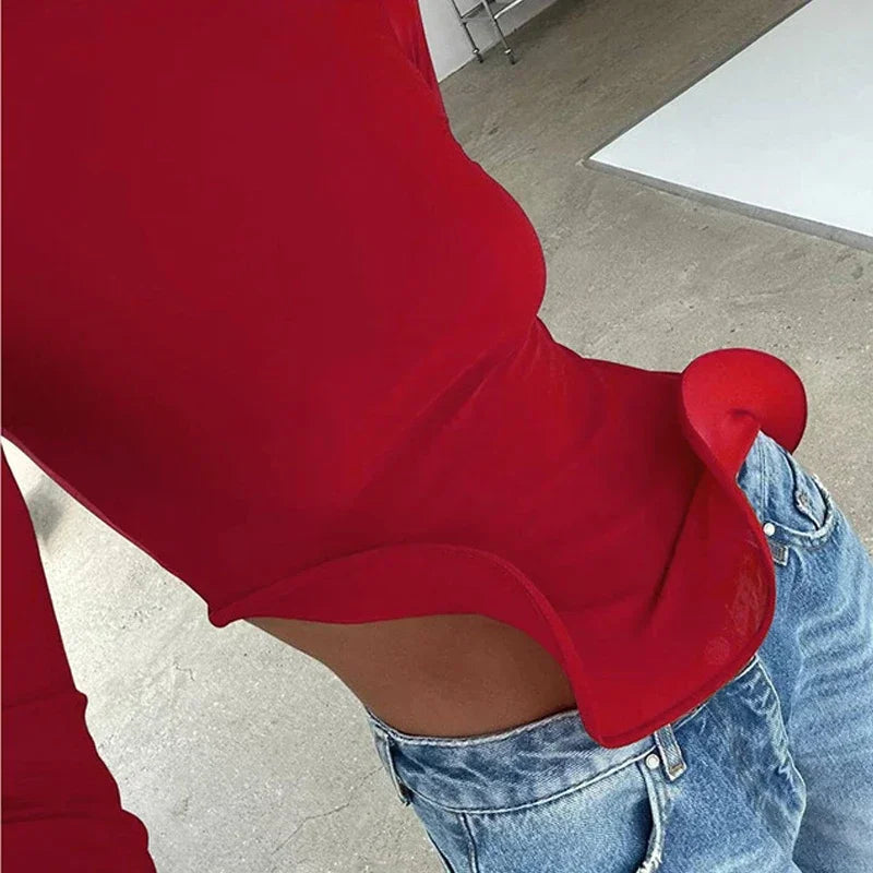 Trendix Slim Long Sleeve Ruffle Tshirts Women Fashion Patchwork Solid Asymmetry T-shirts Ladies 2024 Fashion Y2k Solid Top Femme