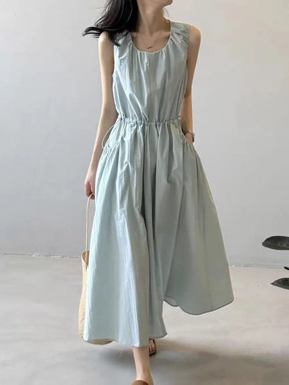 Casual Korean Style Drawstring Waist Vest Dress Loose Fit Summer New Arrival Women's Dress Comfortable Cotton A-Line Skirt