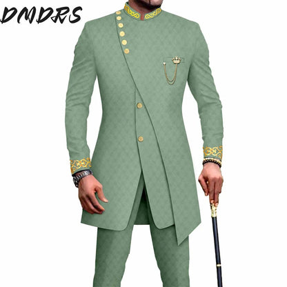 Elegant African National Printing Batik Men's Casual 2PCS Suit For Wedding Dinner Event Suit terno masculinos complete costume