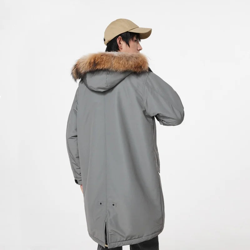 Metersbonwe Men's Loose Fit Hooded Fleece Lining Parka Coat Long Adjustable Waist Utility Pockets Hood With Detachable Fur Trim
