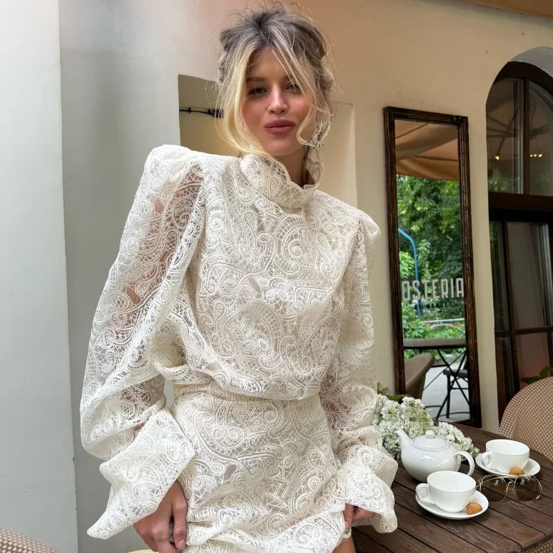 Trendy Lady Hollow Out Lace Mini Dress Elegant 2025 New Long Sleeve Designs Chic High Neck Short Vestidos Autumn Club Night Gown