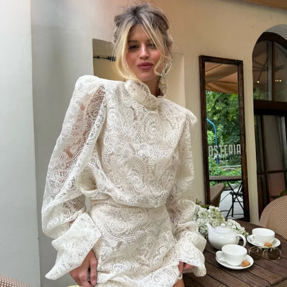 Trendy Lady Hollow Out Lace Mini Dress Elegant 2025 New Long Sleeve Designs Chic High Neck Short Vestidos Autumn Club Night Gown