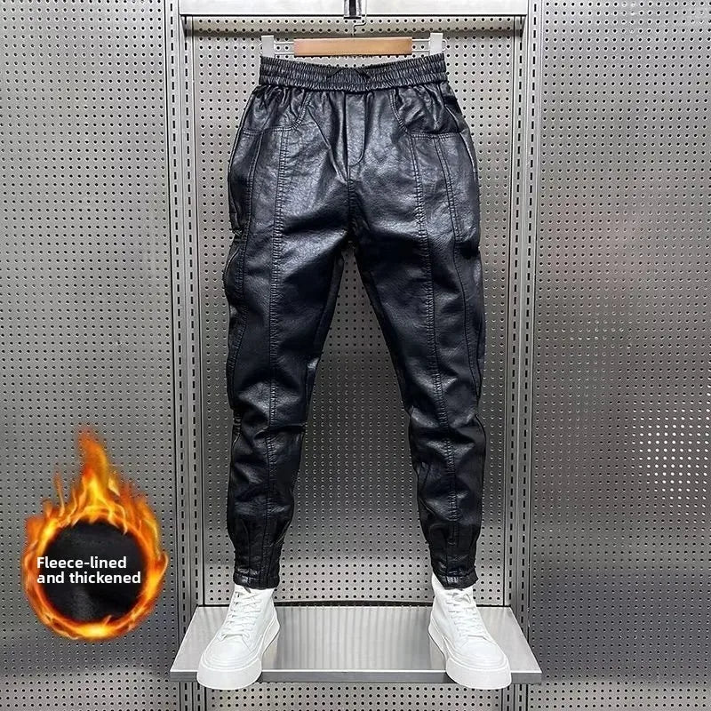 Men's Fleece Lined Windproof Biker Leather Pants Thickened Casual Loose Fit Long Trousers Autumn Winter Fashion Trendy