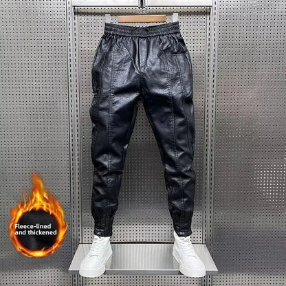 Men's Fleece Lined Windproof Biker Leather Pants Thickened Casual Loose Fit Long Trousers Autumn Winter Fashion Trendy