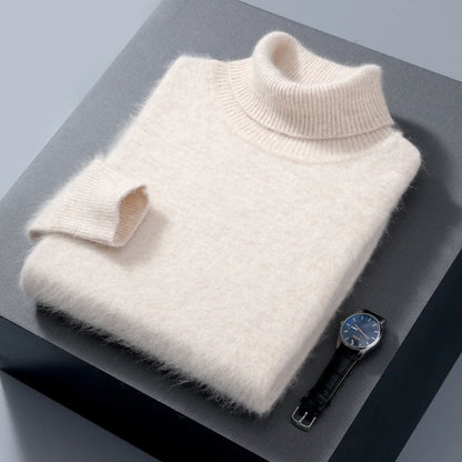 Autumn and Winter Men Loose Turtleneck 100% Mink Cashmere Sweater Men's Casual Thermal Pullover Solid Color Knit Plus-Size Top