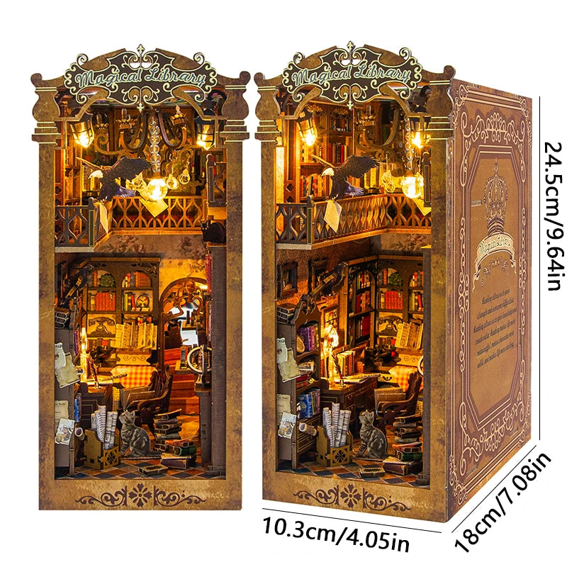 DIY Wooden Doll Houses Book Nook Shelf Insert Kit Miniature Model Kits 3D Puzzle Bookshelf With  LED Lights For Christmas Gifts