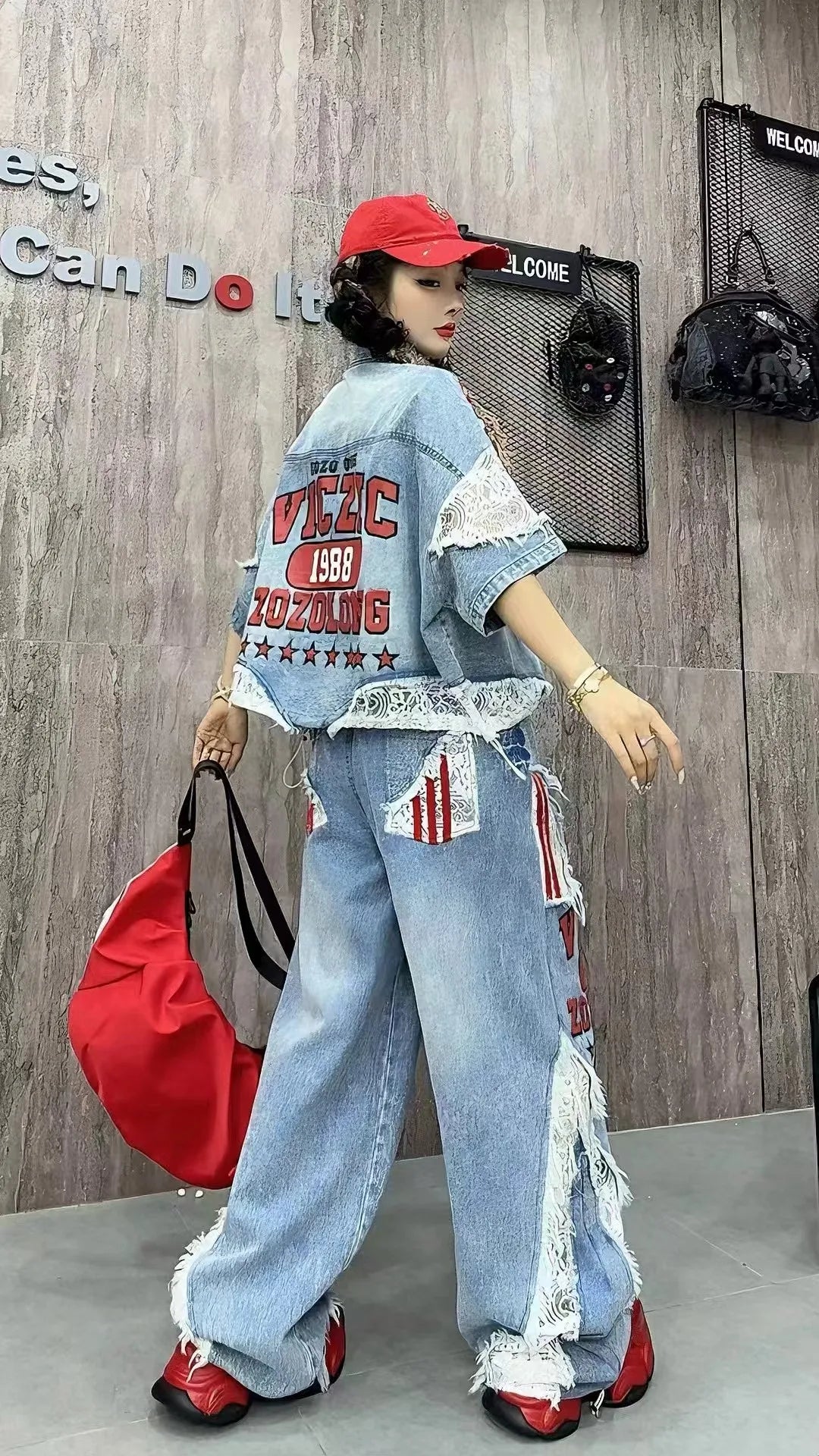 Casual Lace Hollow out Patchwork Summer New Women's Outfit Loose Top with Digital Letter Print Matching Long Pants