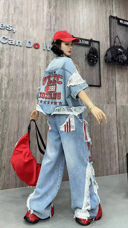 Casual Lace Hollow out Patchwork Summer New Women's Outfit Loose Top with Digital Letter Print Matching Long Pants