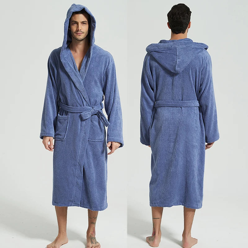 Hooded Bathrobe Men 100% Cotton Hooded  Women Sleepwear Nightgown Towel Fleece Thick Long Soft Autumn Winter White Home Hotel