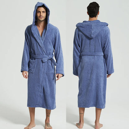 Hooded Bathrobe Men 100% Cotton Hooded  Women Sleepwear Nightgown Towel Fleece Thick Long Soft Autumn Winter White Home Hotel