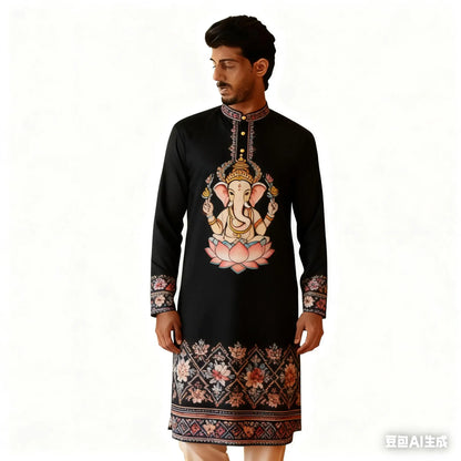 National Style Men Digital Printed Kurta Vardha Regular Mandarin Long Suitable Musulmans Homme Traje Arabe Hombre