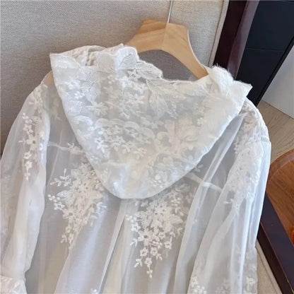 Elegant Thin Lace Hat Shirt Women's Loose Fit Summer 2025 plus Size Slimming Korean Style Long Sleeve Button up