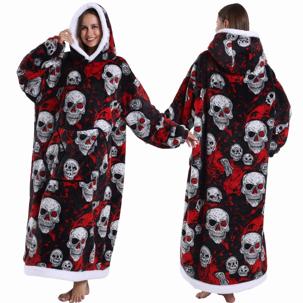 Women Hoodies Fluffy Warm Black Grey Long Sleeve Top Halloween Pumpkin Skull Ghost Hoodie Blanket Oversized Adult Winter Clothes