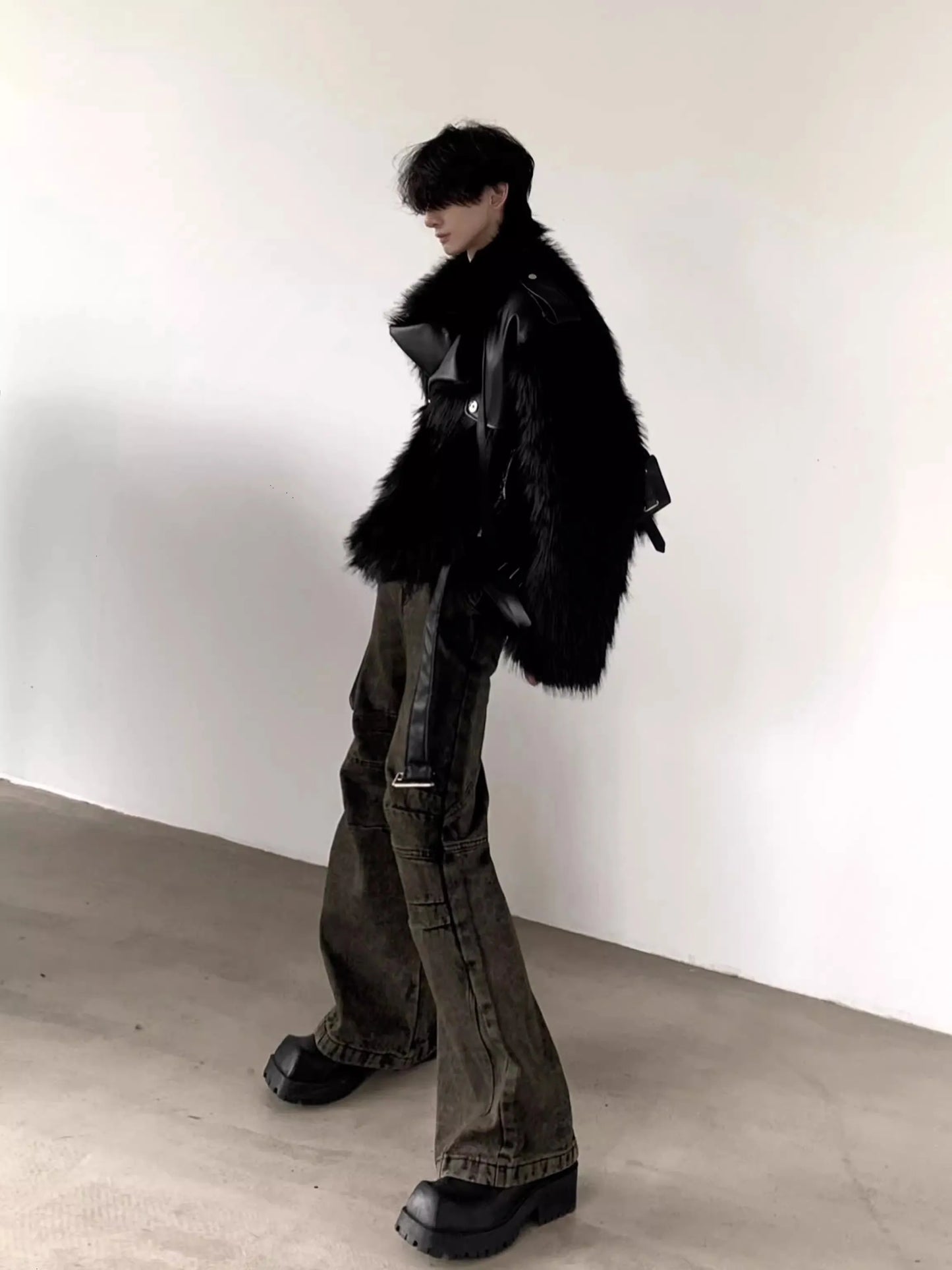 Mauroicardi Winter Short Cool Black Thickened Warm Pu Leather Patchwork Faux Fur Moto & Biker Coat Men Zipper Fluffy Jacket 2023