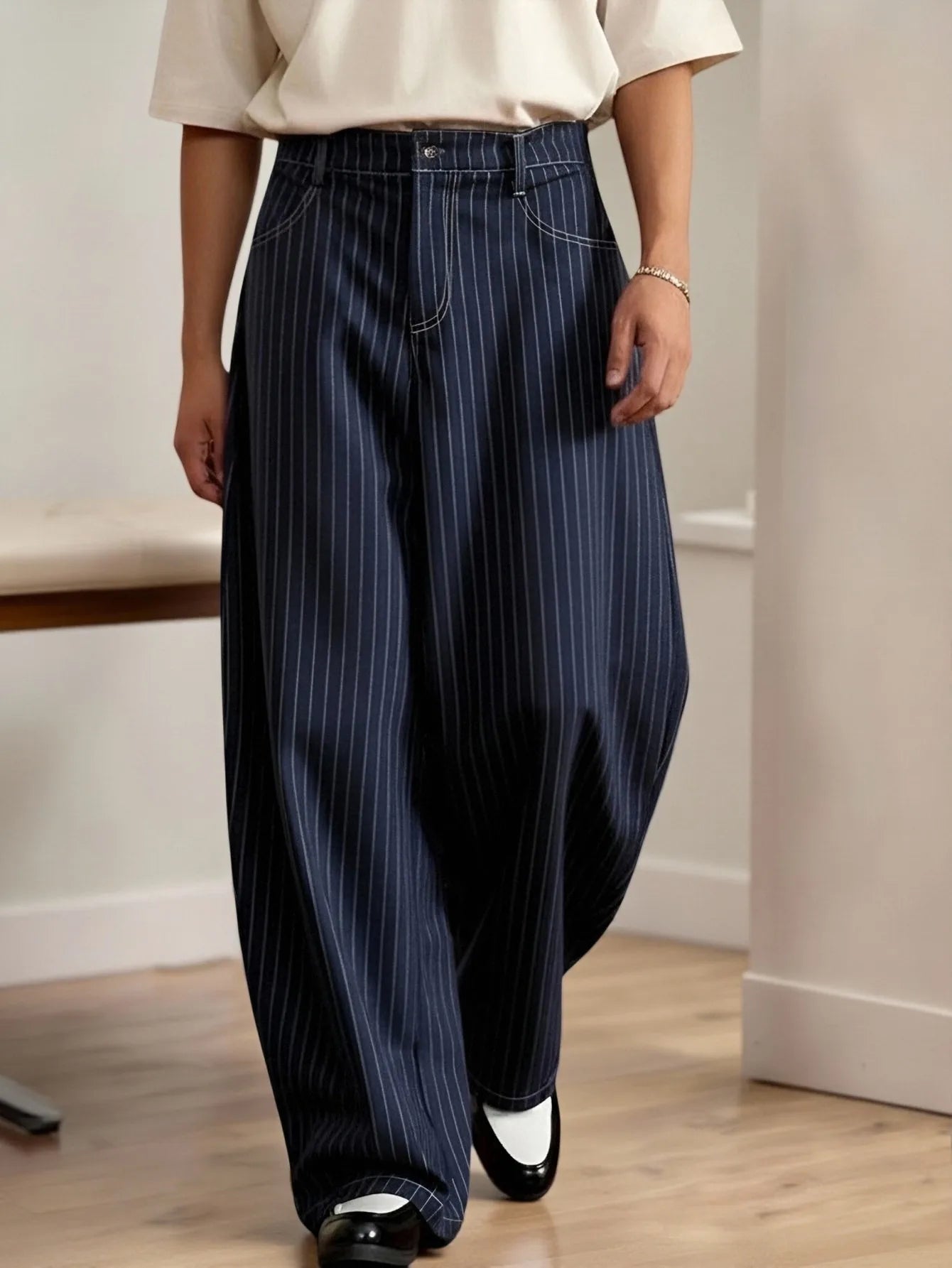 Men's Vertical Striped Barrel Leg Baggy Wide Leg Pants Stretch Polyester Elastane Oversized Casual Streetwear Long Trousers