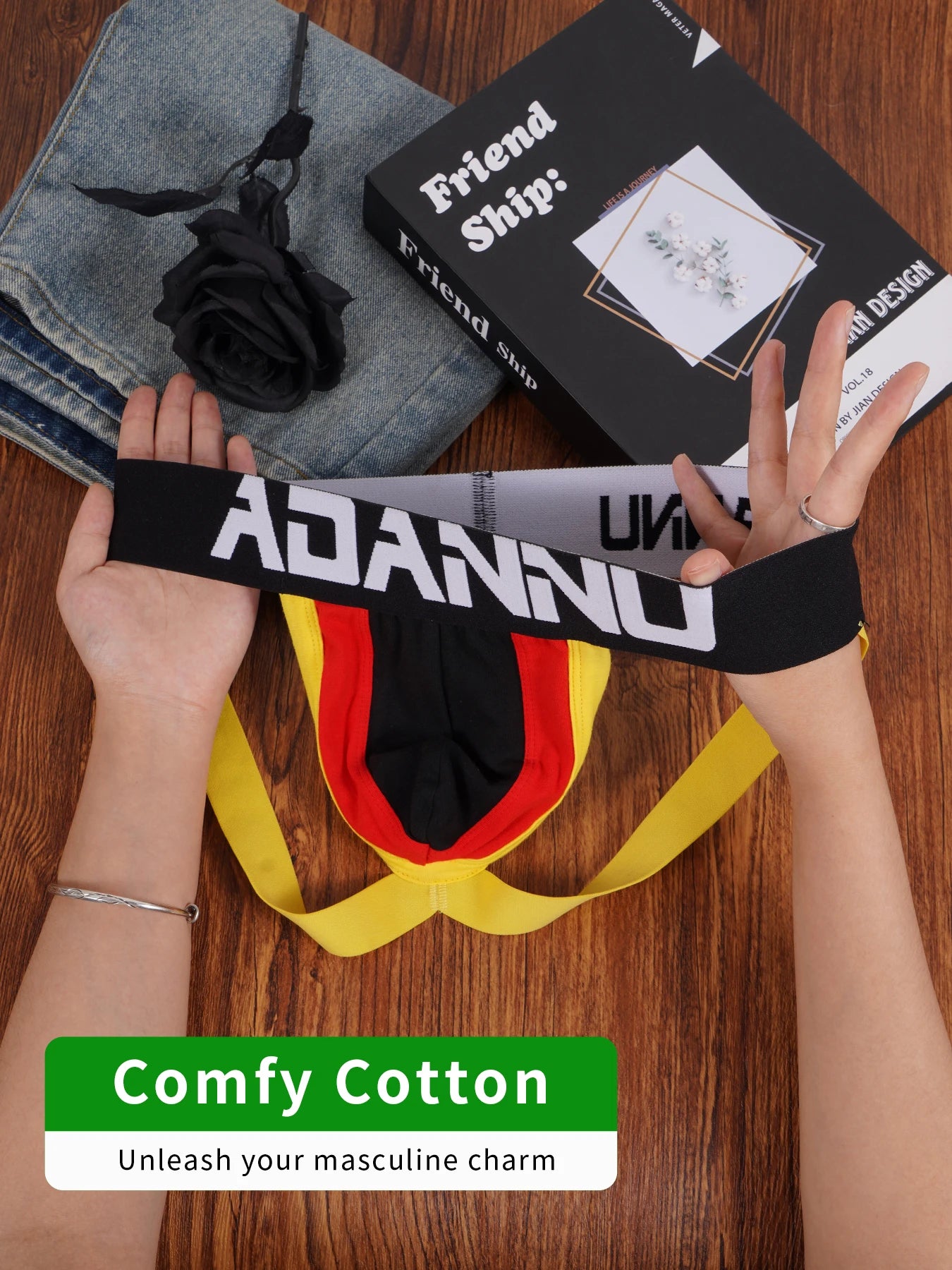 1PCS Men's Cotton World Football Colorblock Double T-Back Thong Convex Pouch Letter Waistband Breathable Daily Underwear