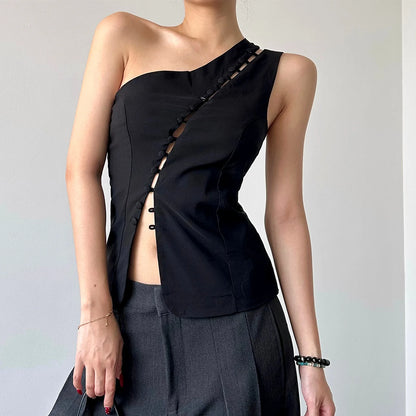 Cryptographic Elegant Asymmetrical Top with Hook and Eye Fashion Sexy Cut Out Backless Split Tops Slim Vest Summer Clothes