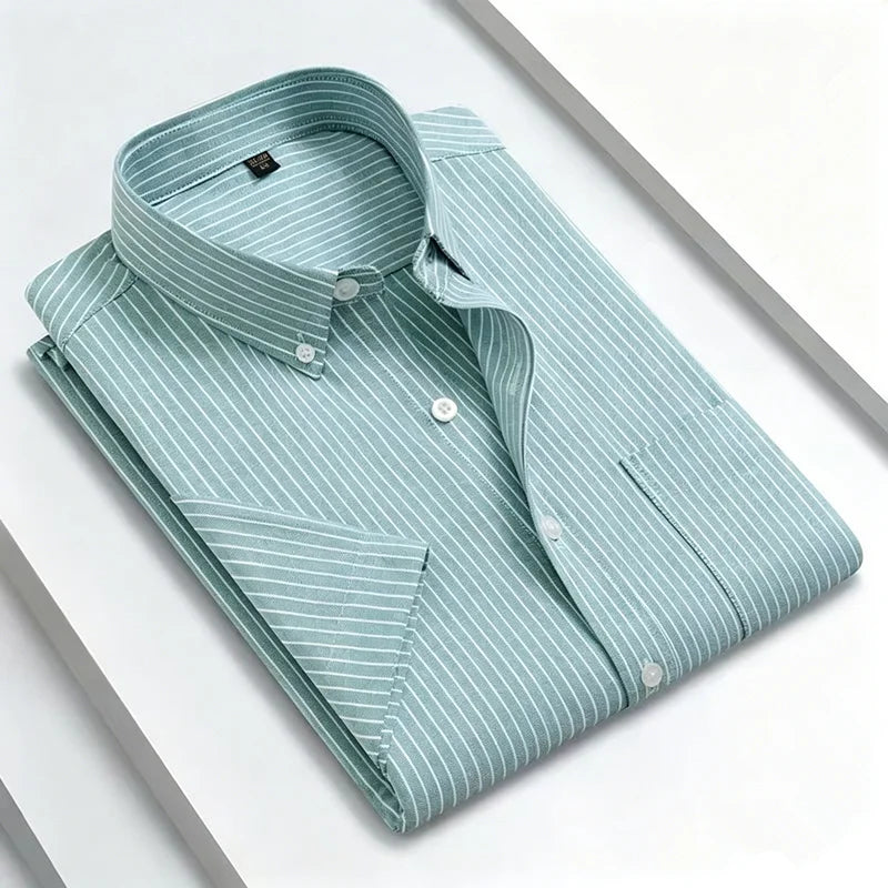 New 100% Cotton Men's Oxford Shirts Short Sleeve Summer Stripe Casual Formal Dress Social Regular Fit White Fashion Clothes 5XL