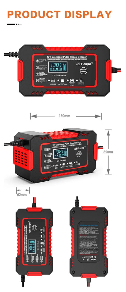 EAFC 12V 6A Full Automatic Car Battery Charger Digital Display Battery Charger Power Puls Repair Chargers Wet Dry Lead Acid