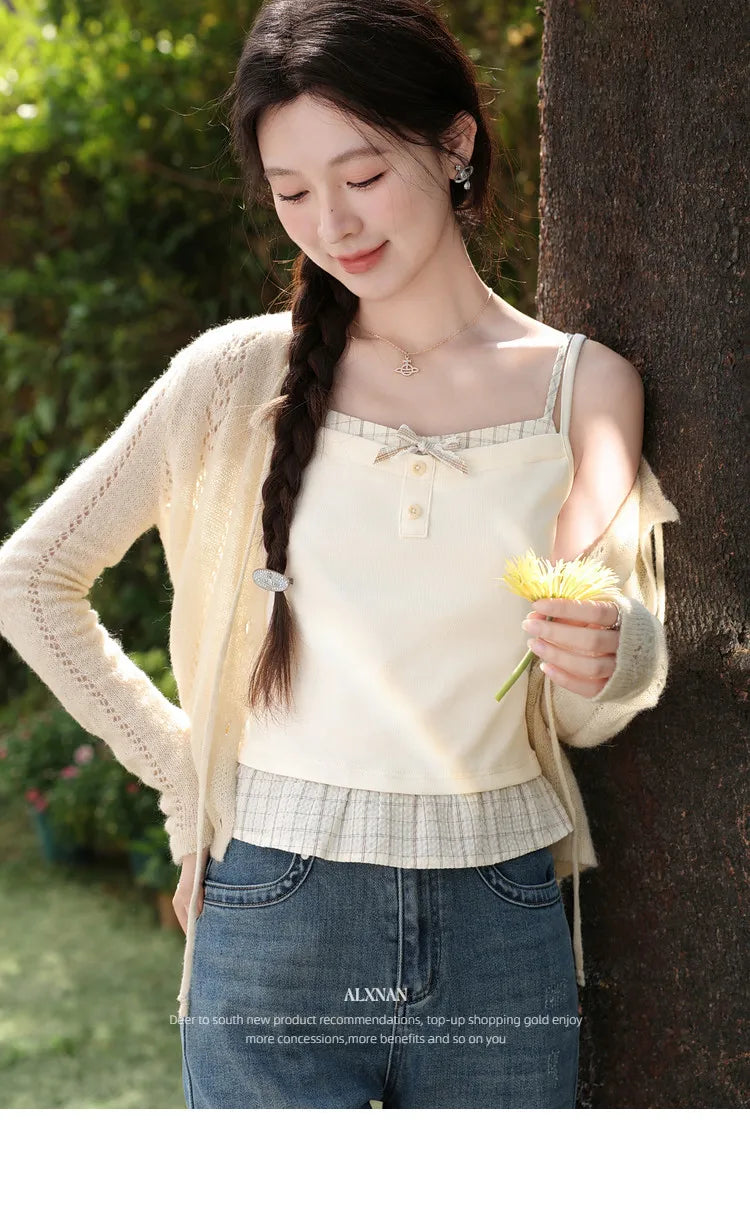 ALXNAN Cream Yellow Plaid Spliced Camisole Women 2026 Summer Elegant Sweet Beach Sleeveless Tops Casual Bow Design Camis L62323