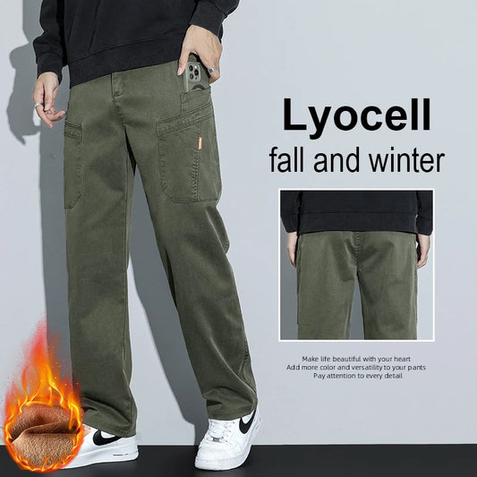 Men's Lyocell Multi Pocket Fleece Lined Wide Leg Cargo Pants 2025 Autumn Winter High Quality Warm Casual Long Pants Plus Size 38