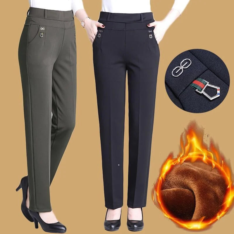 High Waist Fleece Lined Slimming Pants for Middle-Aged And Elderly Women Casual Long Pants Straight Leg Elastic Ankle Pants