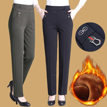 High Waist Fleece Lined Slimming Pants for Middle-Aged And Elderly Women Casual Long Pants Straight Leg Elastic Ankle Pants