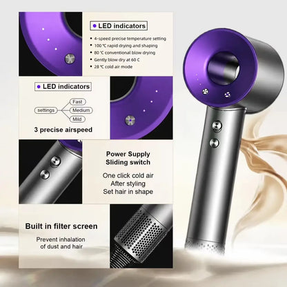 Professional High Speed Bladeless Hair Dryer Powerful Fast Drying Negative Ion Blow Dryer Quiet Portable Hairdryer for Travel Ho