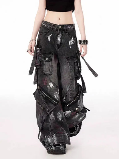 American 2000s Heavy Industry Y2K Harajuku Gothic Multi-Pocket Washed Black Jeans Men And Women Oversize Hip Hop Wide Leg Pants