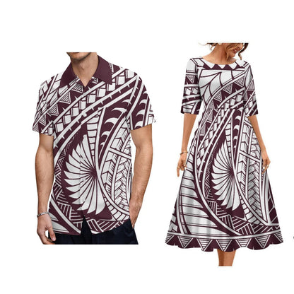Tribal Clothing Polynesian Men Shirt Hawaiian Print Customized Large Round Neck Women Dress Couple Fashion Elegant Match