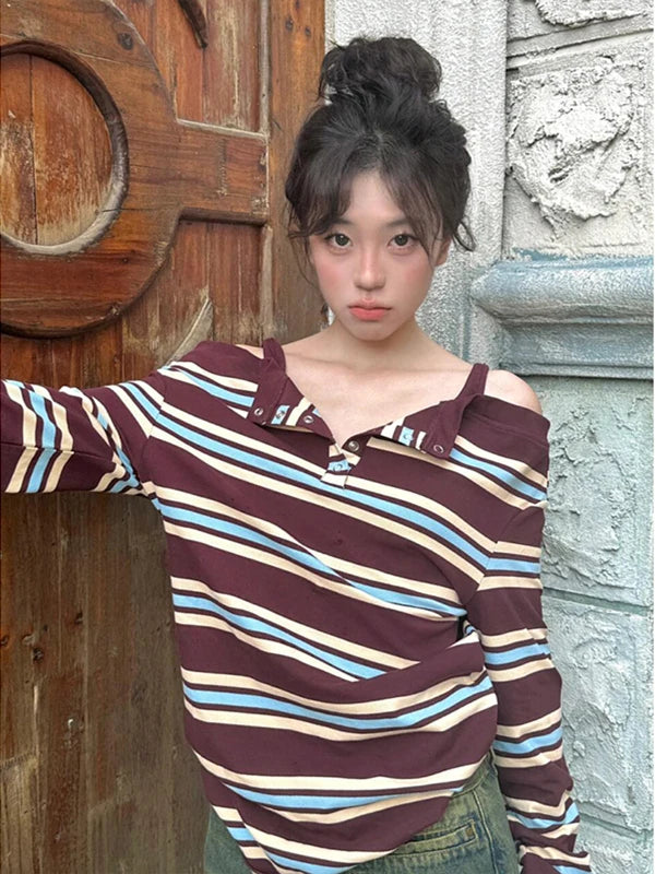 plus Size Women's Autumn Long Sleeve Striped T-Shirt Slimming Stylish Trendy Girl Style Top V-Neck Regular Thickness