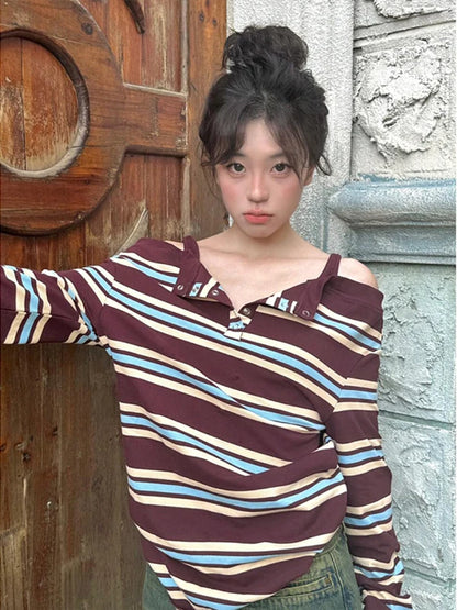 plus Size Women's Autumn Long Sleeve Striped T-Shirt Slimming Stylish Trendy Girl Style Top V-Neck Regular Thickness