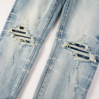 Men's Fashion Slim Fit Jeans Light Blue High Street Hip-Hop Brand Pan Perforated Patch Washed Nostalgic Elastic