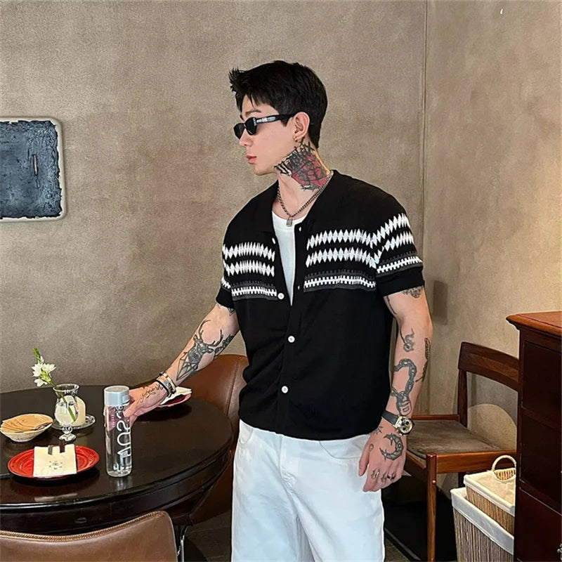 2026 Summer Men's Button Cardigan Knit Short Sleeve T-Shirt Fair Isle Cleanfit Casual Polo Shirts Stripe Color-Block Collar Top