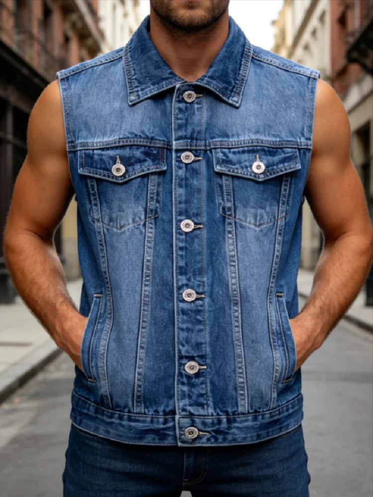New Men's Retro Washed Denim Vest Lapel Single-Breasted Sleeveless Jacket Vintage Casual Streetwear Top for Men
