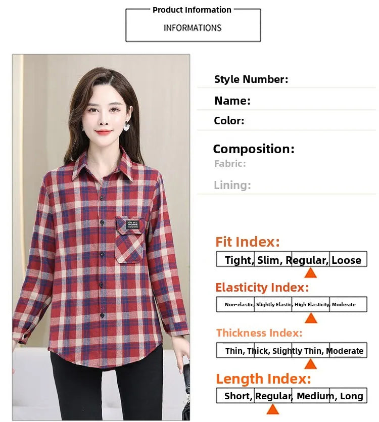 Loose Long Sleeve Mom Shirt Women's New Style Slimming Age-Defying Outerwear Versatile Early Autumn Plaid Outfit  Collar