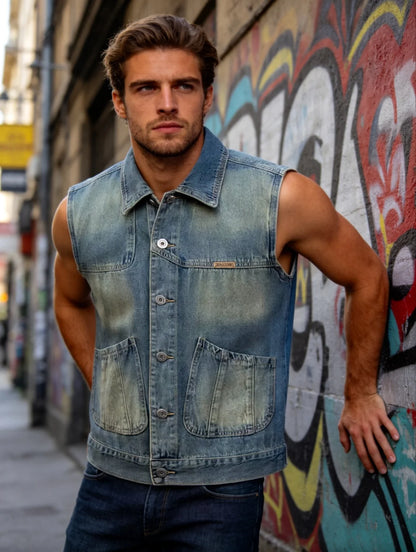 Vintage washed denim vest for men spring and autumn loose workwear sleeveless vest street style versatile layering jacket