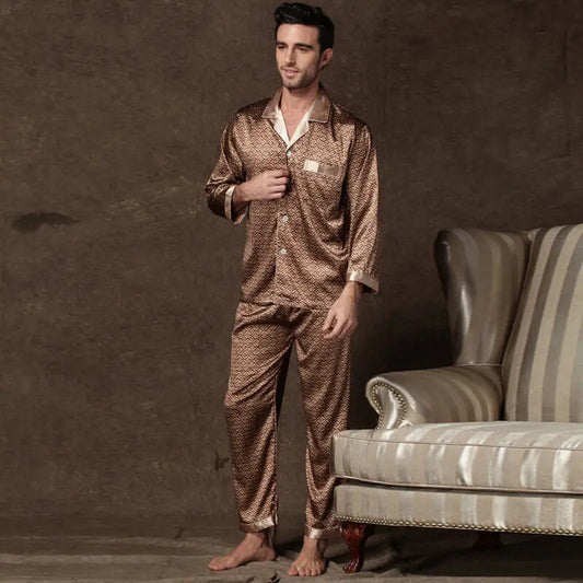 Men's Satin Pajama Home Clothes Suit Autumn Long Sleeve Button-Down Tops & Pants Sleepwear 2 Pieces Man Pyjama Loungewear Pj Set