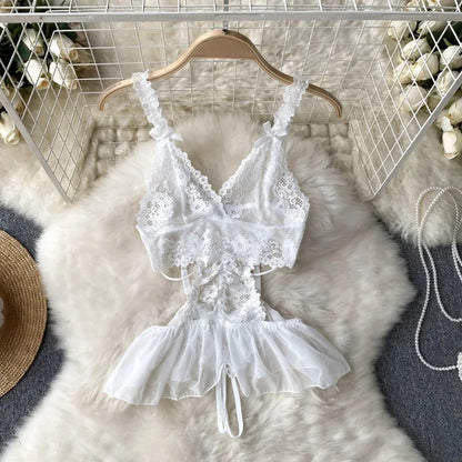 Sexy Lace Strap Jumpsuit Slim Fit Transparent Women's Pajamas Halter Playsuit Erotic Lingerie Catsuit Backless Hollowed Bodysuit