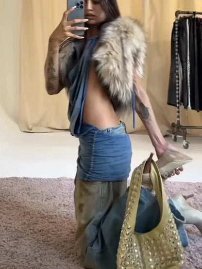 TWOTWINSTYLE Solid Slimming Fashion Tank for Women V Neck Sleeveless Patchwork Fur Luxurious Top Female Autumn Retro Style New