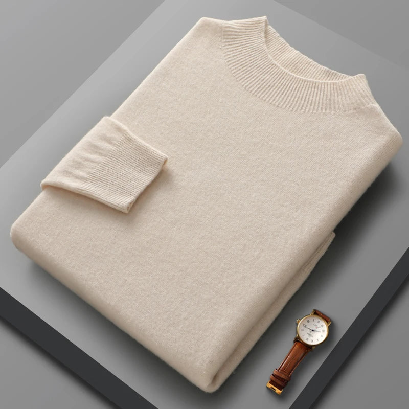 100% Merino Wool Sweater Men's Half high collar Knitted Hoodie Spring Autumn New Cashmere Sweater Versatile  Menswear