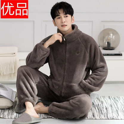 Men's Coral Fleece Pajamas Thickened Flannel Home Clothes Set Autumn Winter Style Long Sleeve Warmth Guarantee Home Scence